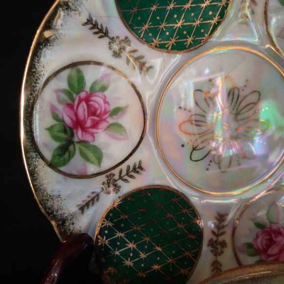 Vintage Japan Lustre Ware Pedestal Cup n Saucer Pink Rose Green Panels Gold Trim - Picture 7 of 16